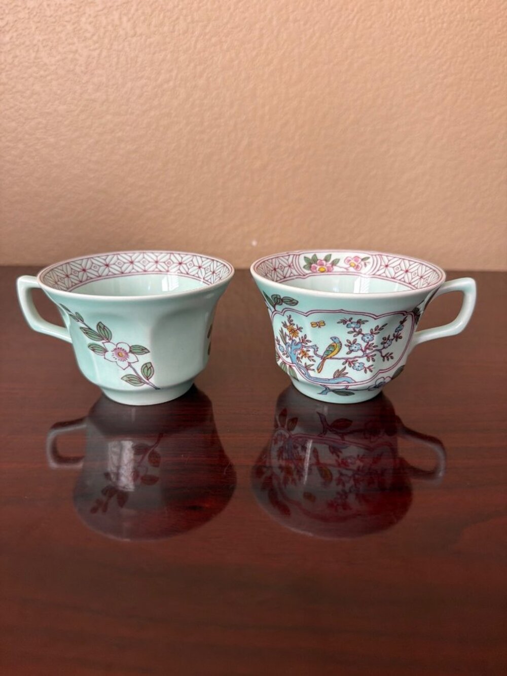 Vintage Adams Calyx Ware Singapore Bird Ironstone Teacups Aqua England Set of 2
